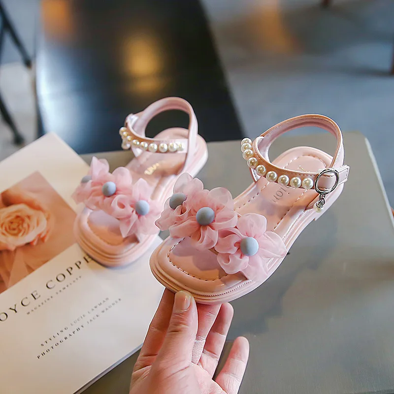 

Сандалии с цветами для девочек, милые туфли принцессы, Мэри Джейн, детская модная летняя обувь с жемчугом, новинка 2023, Детская Свадебная обувь