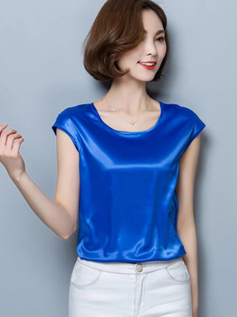 Womens Blouses And Shirts Simple O-Neck Sleeveless Satin Basic Tops Fashion  Woman Blouses 2023 Casual