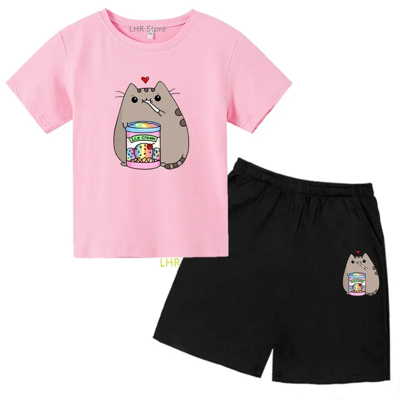 

Summer 3-12 Year Anime Fat Cat Printing Children's T-shirt Tops +Shorts Leisure Clothing Boys Girls Round neck tee tops Sets