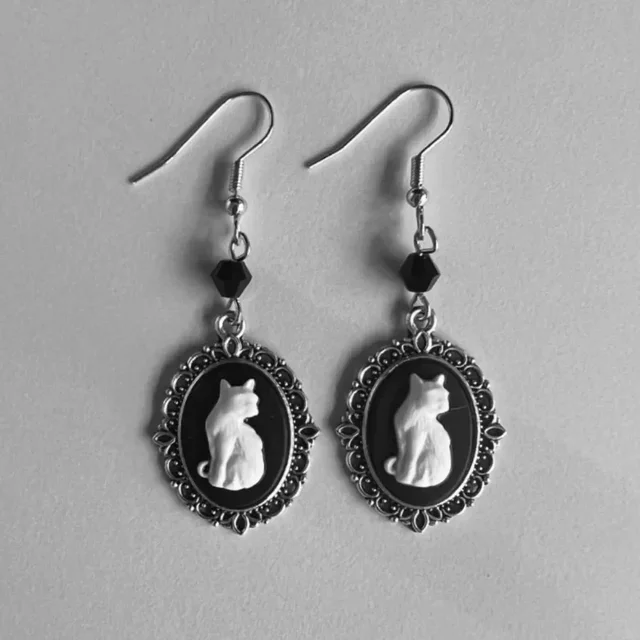 Vintage Gothic White Cat Raven Pattern Drop Earrings Women Punk Silver Color Frame Creative Earrings Party Jewelry Accessories 1