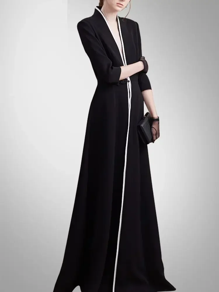 ZZ156 2024 Spring and Autumn Slim Fit Fashion V-Neck Seven-Sleeve Dress Cardigan Temperament Flare Long Dress Coat 2