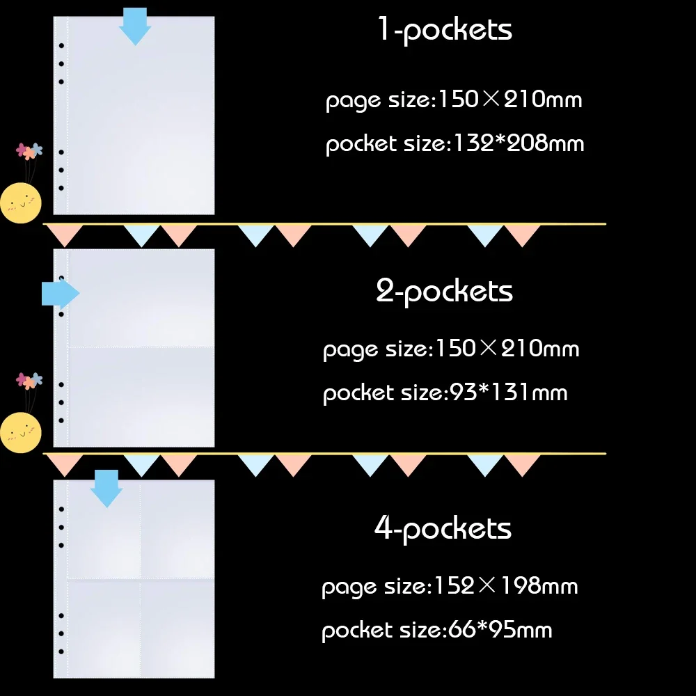 10 Pcs A5 6 Ring Binder Photo Album Double Sided Refill Back To Back Sleeves Budget Planner Notebook Page Protectors 4 pockets 4
