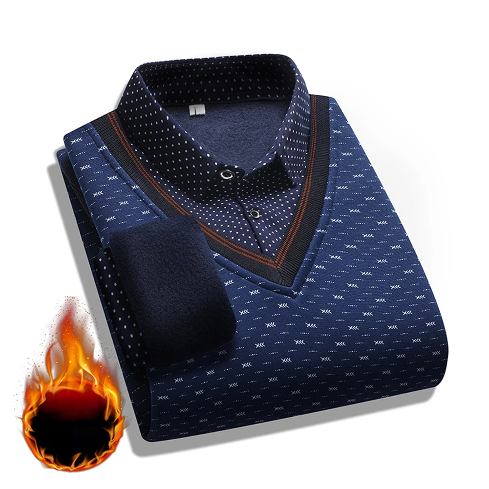 

Mens Winter Fleece Plush Lined Polka Dot Printed Dress Shirt Blouse Long Sleeve Tops Business Formal T-Shirt Casual Male Sweater