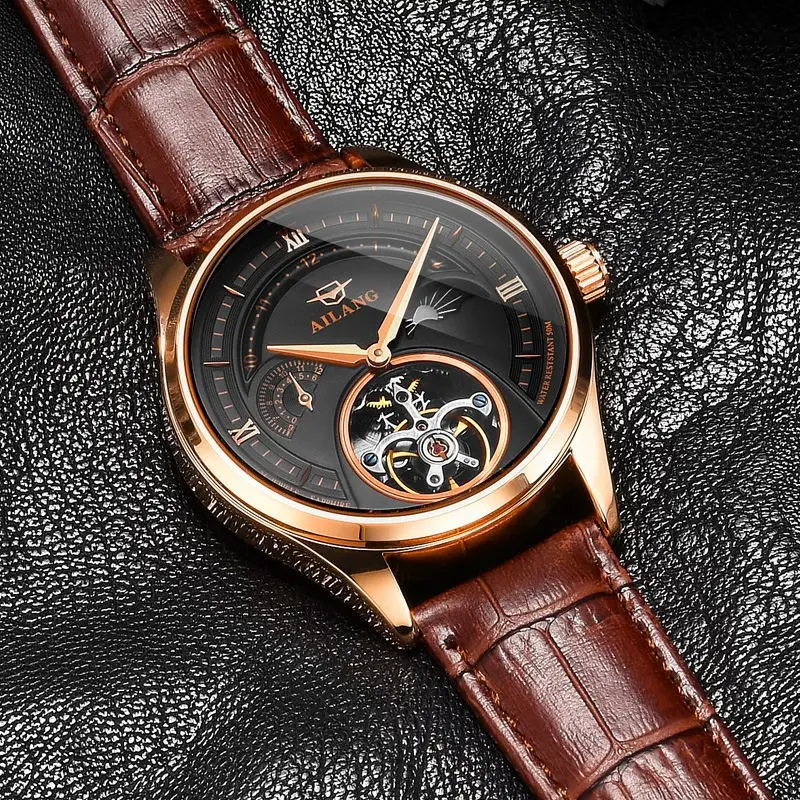 AILANG Automatic Mechanical Watches Mens Watches Top Brand Luxury Sapphire Genuine Leather Original Tourbillon Hollow Movement