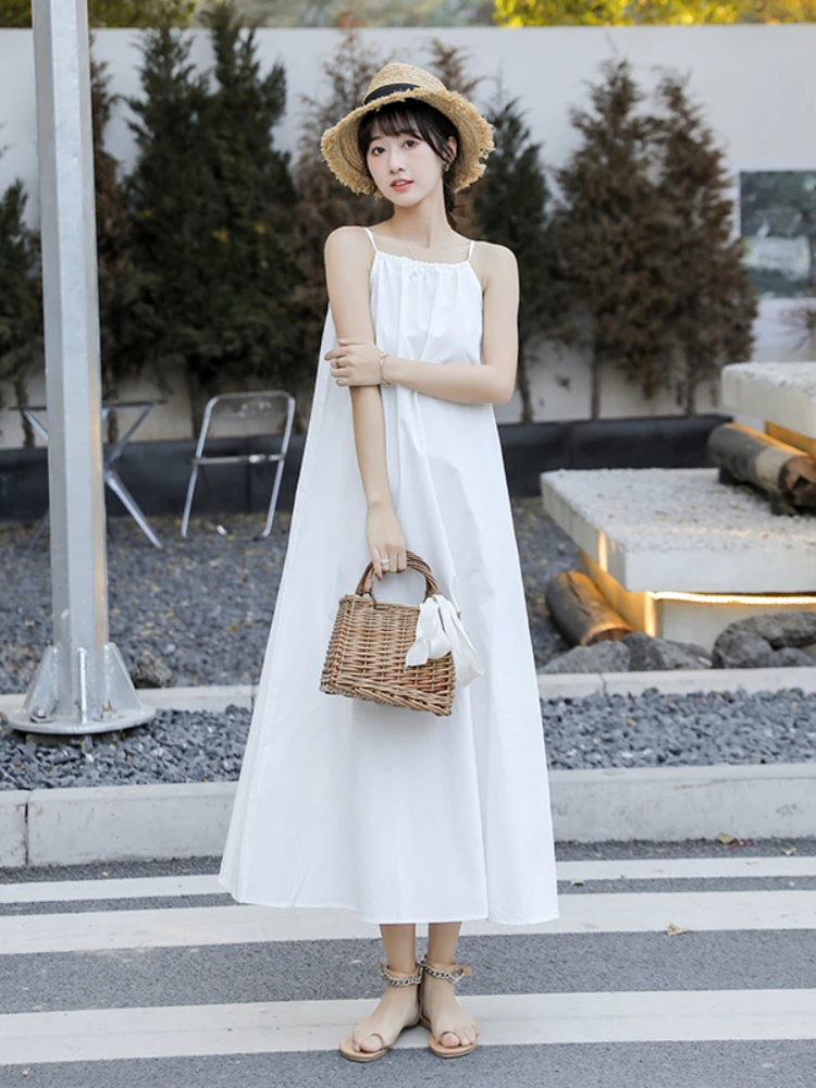 

Goddess White Long Dress Women Summer New Korean Loose Halter Neck Strapless Sleeveless Dresses Female