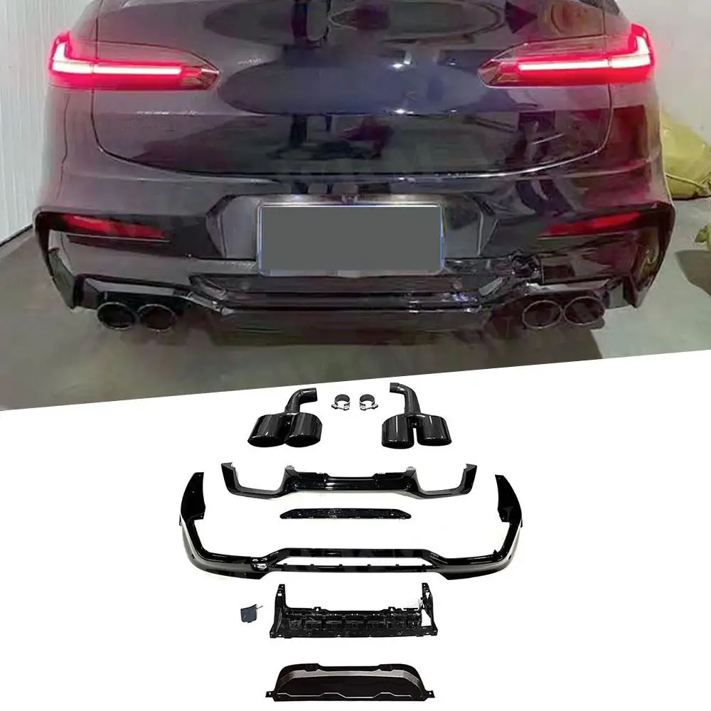 

ABS Gloss Black Rear Bumper Diffuser with Stain Steel Exhaust Tips for BMW X4 G02 M Sport 2019-2022 + Rear Lip Diffuser Body Kit