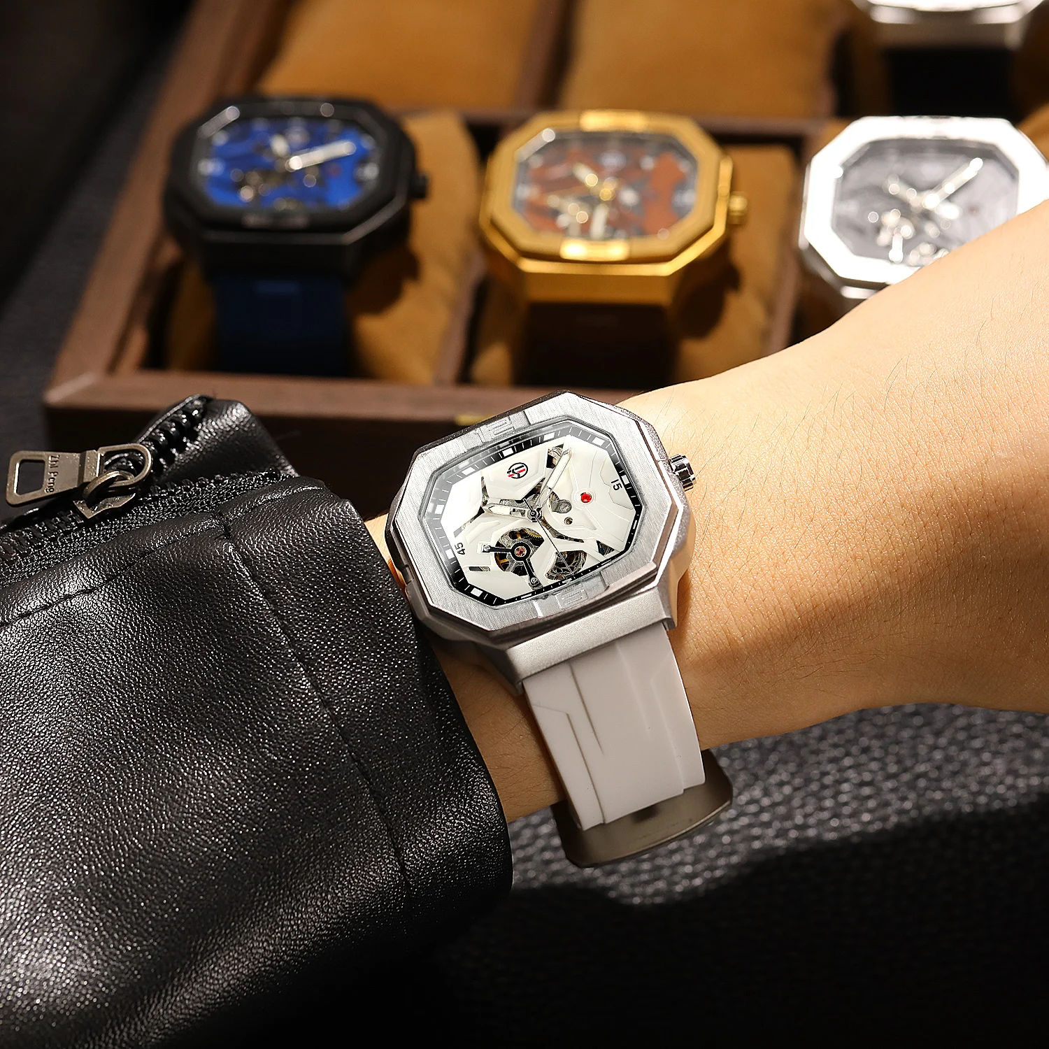 2024 FORSINING Square Skeleton Mechanische Echte Herrenuhr Automatisches Uhrwerk Weiße Sport Wasserdichte Luxus-Männeruhren_voghion.com