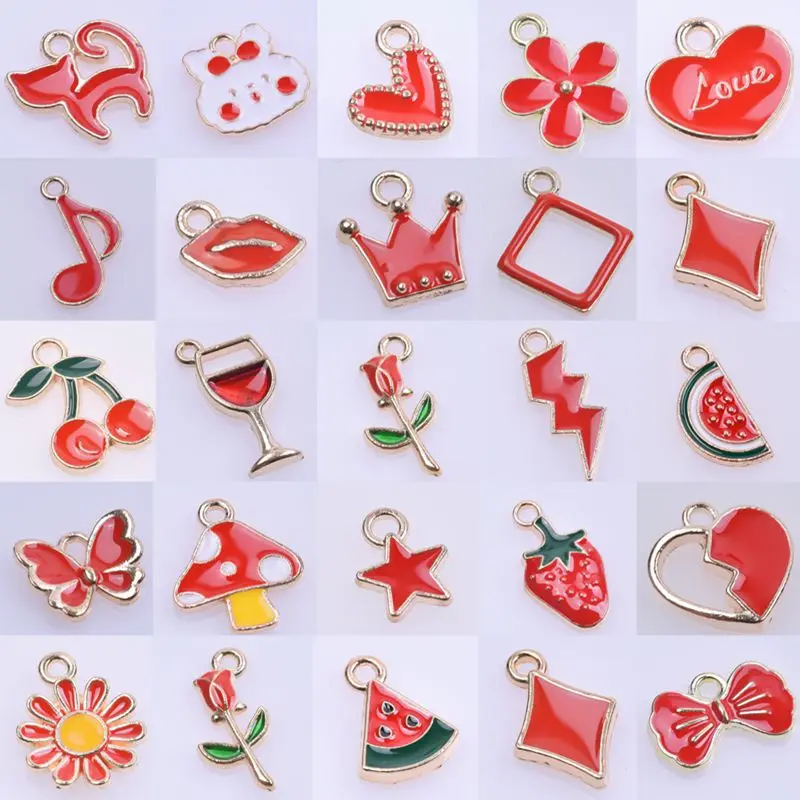 

30pcs/lot Cute Enamel Charms for Earrings Crown Red Pendants Necklace Fruit Strawberry,Watermelon DIY Bracelet Jewelry Materials