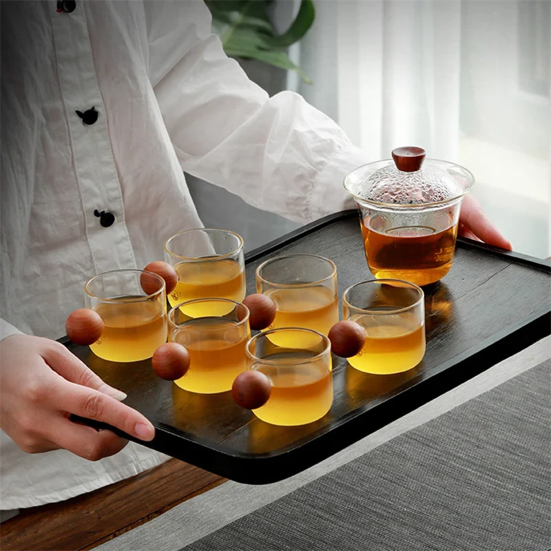 Cloud and Mist Frosting 80ml Small Kung Fu Tea Cup With Wooden Bead Handle Heat Resistant Glass Teacup Tasting Sake Wine Cup