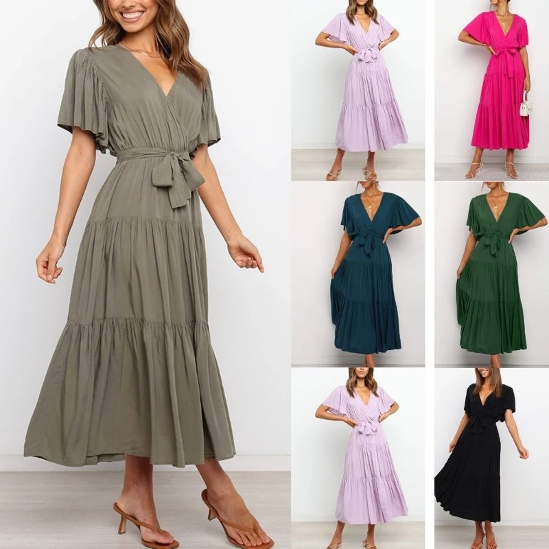 

Womens Casual Short Sleeve V Neck Maxi Dresses Boho Beach-Flowy Ruffle A-Line Dress Smocked Tiered Long Dress with Belt N7YD