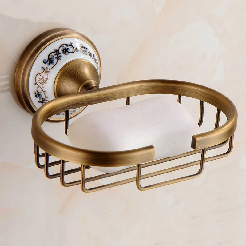 

Soap Dishes Antique Brass With Ceramic Soap Holder Copper Soap Basket Bathroom Accessories Banheiro Bath Hardware Set HJ-1806