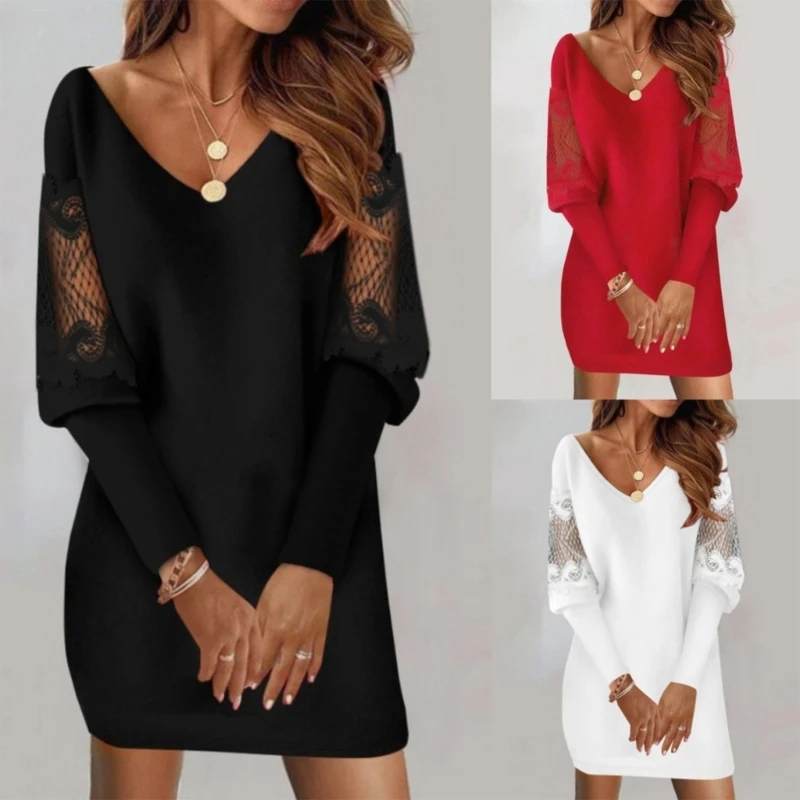 

Women's V Neck Mini Sweater Dresses Casual Lace Patchwork Puff Long Sleeve Knit Bodycon Pullover Sweater Dresses Dropship