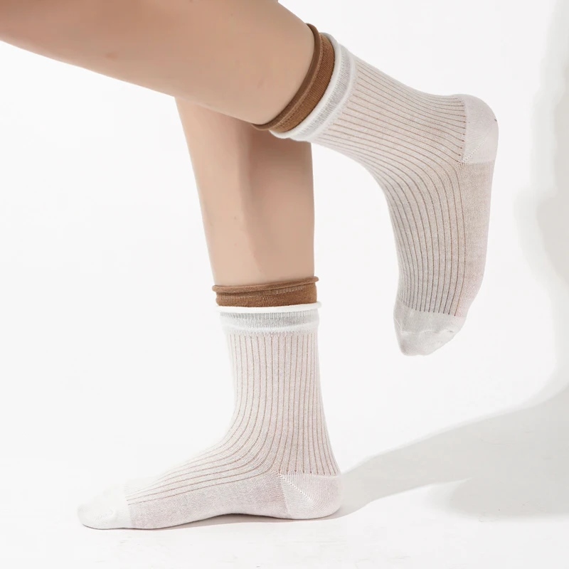 Women's Socks New Simple Solid Color Breathable Fake Two Pieces Fashoin Cotton Socks Striped Comfortable Autumn Middle Tube Sock - 3
