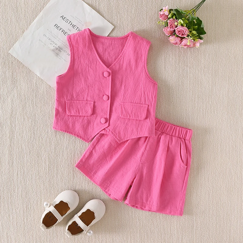 FOCUSNORM Fashion Little Girl Summer Clothes Sets Solid Sleeveless Single Breasted V-Neck Tank Tops + Elastic Waist Shorts
