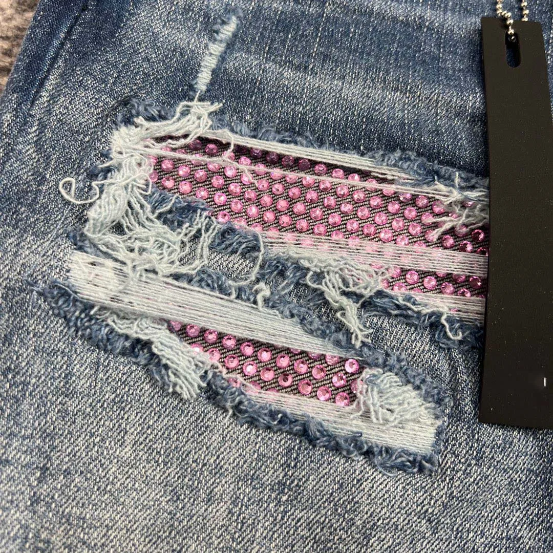 DISCOUNTED men pink diamond stone patches distressed skinny jeans 2