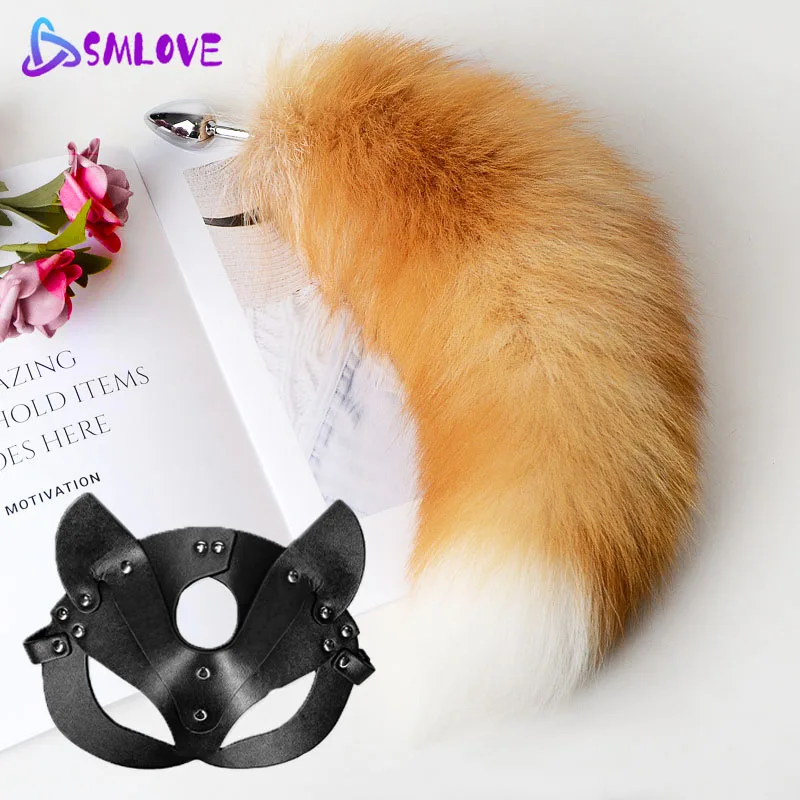 Anal Sex Tail for Woman Cosplay Fox Mask Separable Metal Butt Plug Real Fox Tail Half Cat Mask Set BDSM Sexy Toy Adult Mask Game