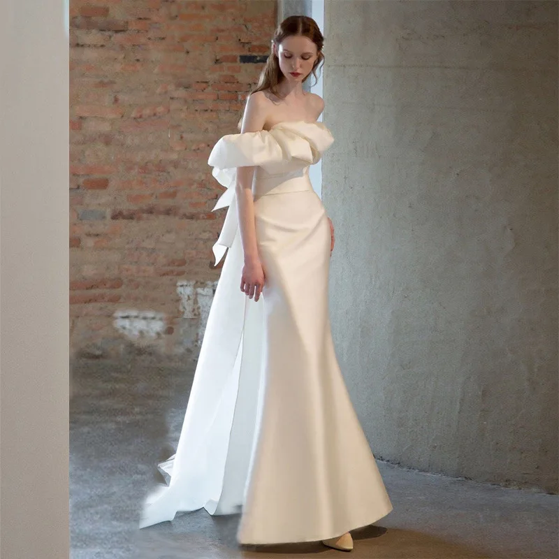 

Женское атласное свадебное платье It's yiiya, белое платье с открытыми плечами, открытой спиной и шлейфом на лето 2019