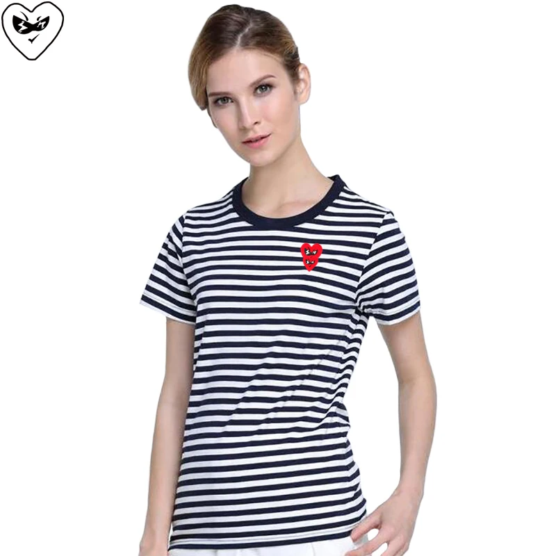 

Футболка в полоску для мужчин и женщин, хлопковая эластичная рубашка с круглым вырезом и вышивкой в виде перекрещивающихся сердец, с коротким рукавом, на лето