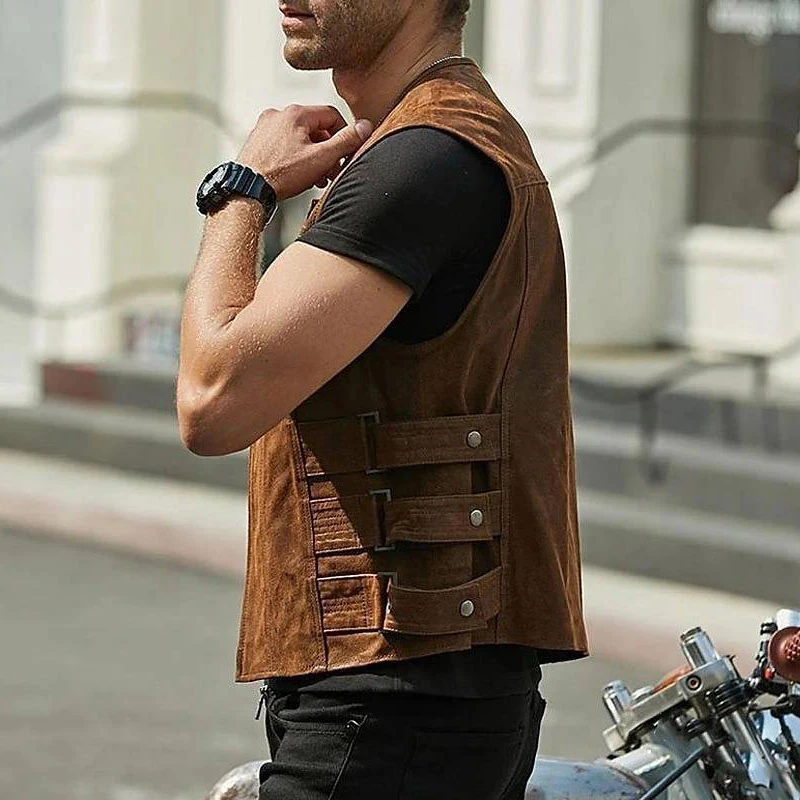 Leather Vest Jacket Men's Motorcycle Style Zipper Slim