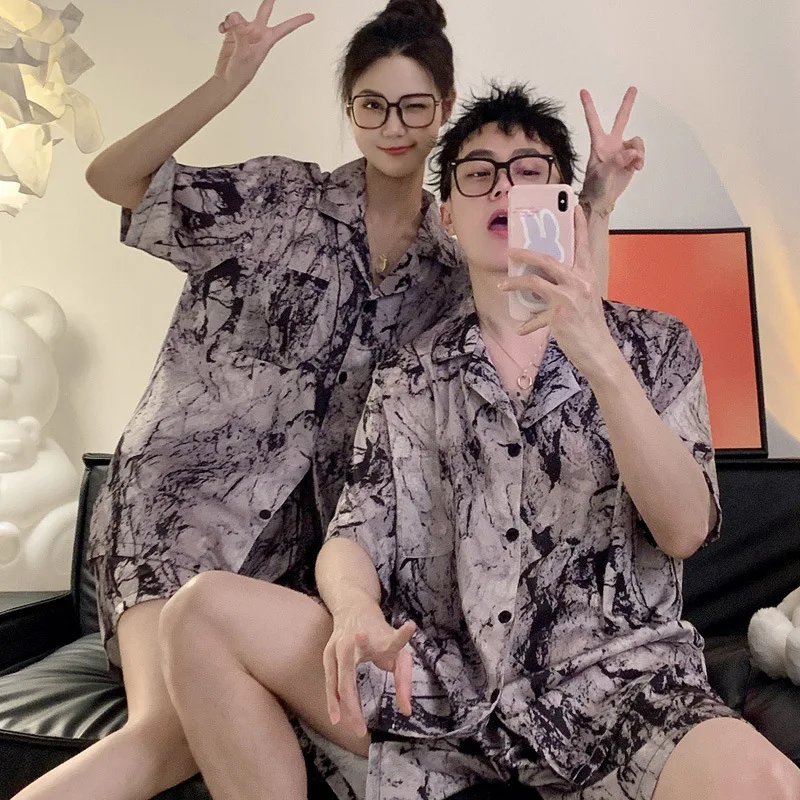 French-style Elegant Ins Women's Pajamas Ice Silk 2pcs Summer Home Sleepwear 2024 New Couple House Loungewear Men Pyjamas