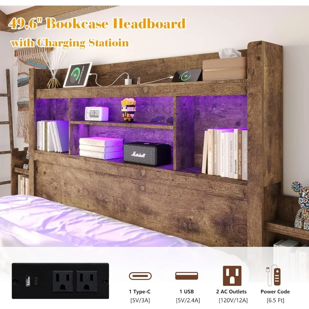 bedstead with 49.6" Bookcase Headboard & 2 Detachable Bedside Stoage Racks & 4 Drawers, with RGB LED & Charging Station,bedstead 3