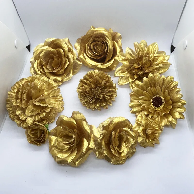 Gold Artificial Rose Silk Flower Heads Chrysanthemum Decorative Flowers ...