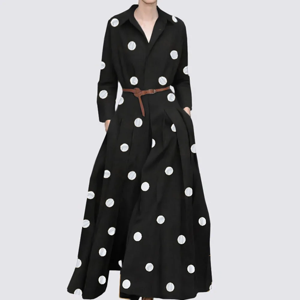 Long Sleeve Lapel Shirt Dress Women Elegant Fashion Polka Dot Slim Dresses 2023  Bohemian Maxi Robe Casual OL Kaftan