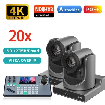 4K NDI PTZ Camera 20X Zoom Live Camera AI Tracking POE Powered Church Stage Bar Live Recording Compatible with OBS/vMix/ATEM
