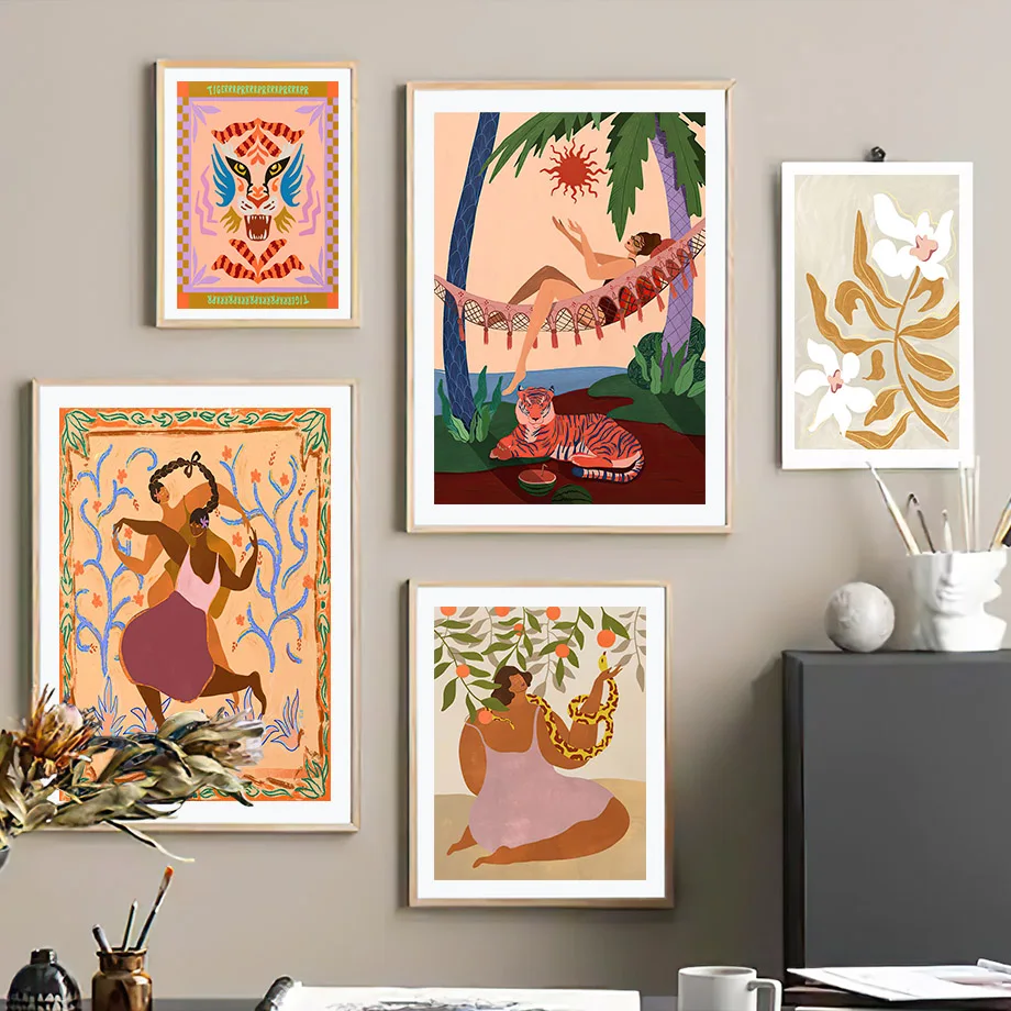 

Abstract Sisterhood Flower Tiger Snake Wall Art Canvas Painting Posters And Prints Wall Pictures For Living Room Decor