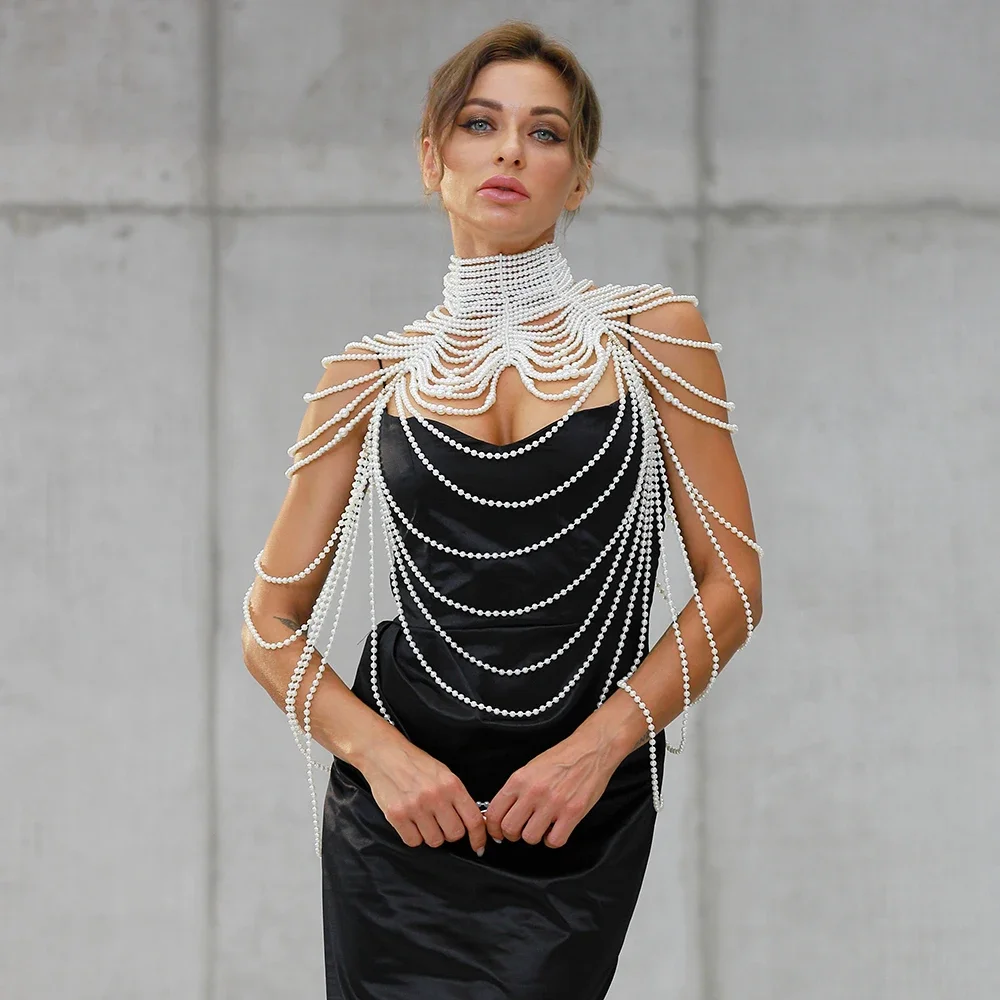 Sexy Pearl Body Chain For Women Necklaces Shawl Female Punk Style Beaded Collar Shoulder Sweater  Long Chain Bridal Body Jewelry