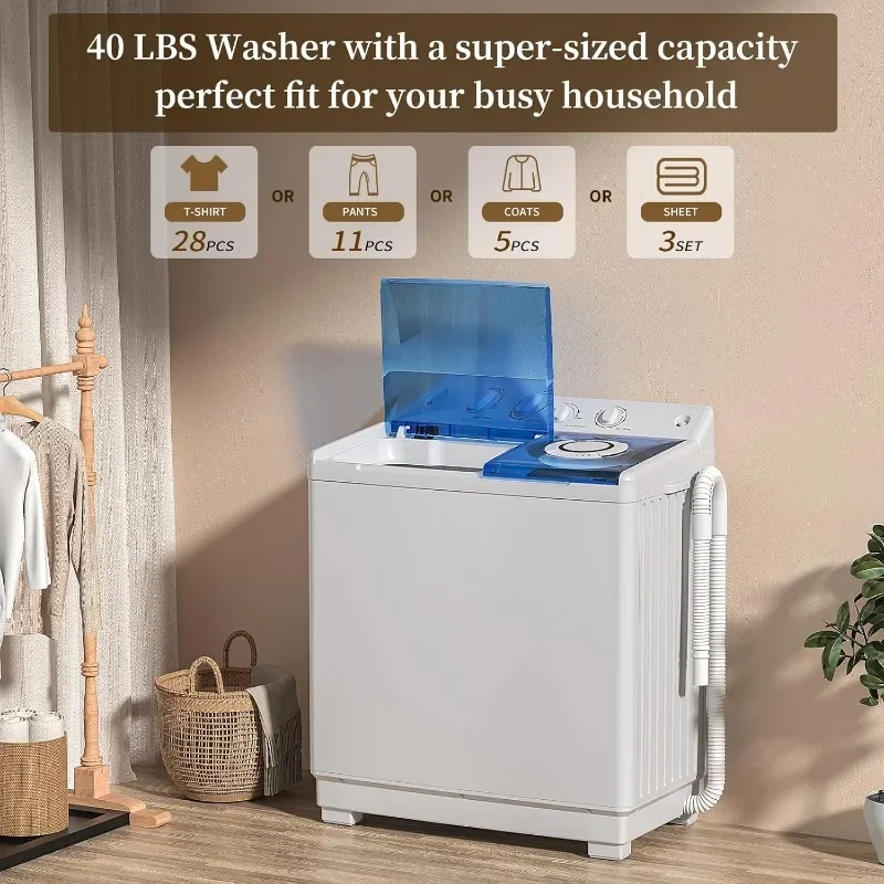 Portable Washing Machine, Twin Tub Washing Machine Laundry Compact Washer spinner Combo with 40lbs capacity