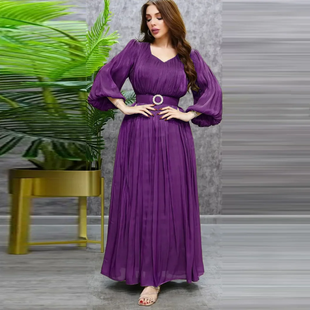 Muslim Silky Satin Abaya Derss for Women Modest Puff Sleeve Morocco Pleated Party Long Dresses Caftan Dubai Evening Robe Abayas