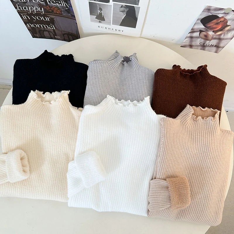 السيدات طويلة الأكمام الصوف مبطن سميكة الدافئة لاعبا 2025 المرأة الشتاء الياقة المدورة سترة الإناث الصلبة Ruched بلوفر مغزول 4