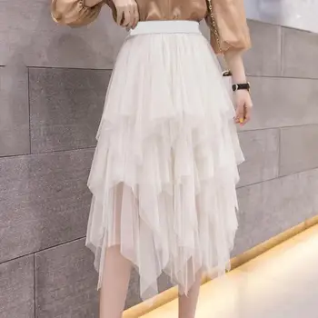 Elastic Waist Tulle Skirt Elegant Women's Tulle Skirt with High Waist Elastic Band Tiered Mesh Hem Stylish Midi for Streetwear