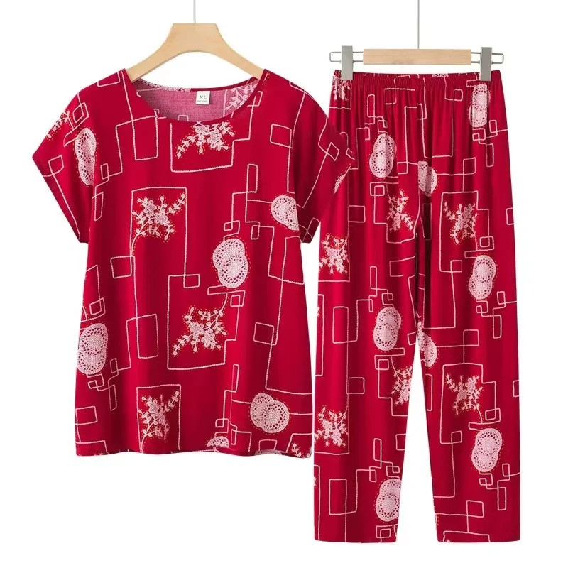 Grandma Two-Piece Set Sleepwear Pijama Feminino Short Sleeve Cotton Summer Women Pajama Set Big Size Multicolor Home Clothes 4XL