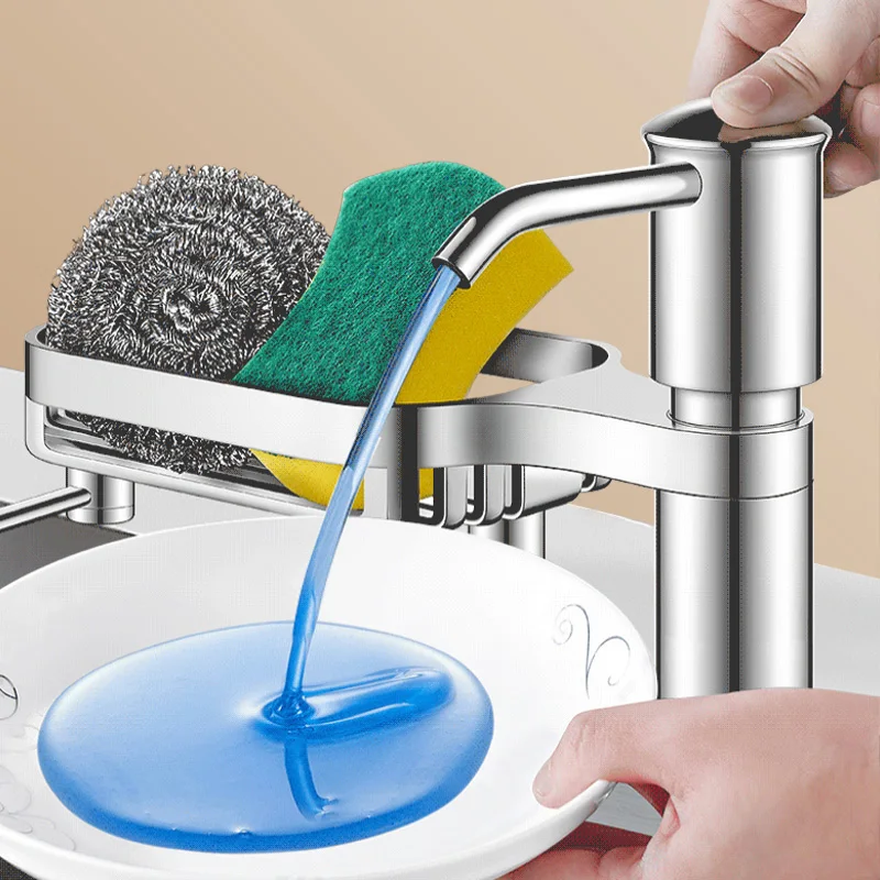 ห้องครัวในครัวเรือนเครื่องจ่ายสบู่อ่างล้างจานเครื่องจ่ายสบู่พร้อมถาด Hook หลอดขยายผงซักฟอกล้างจาน Liquid SOAP Dispen 1