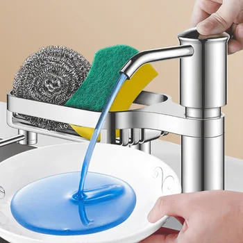 ห้องครัวในครัวเรือนเครื่องจ่ายสบู่อ่างล้างจานเครื่องจ่ายสบู่พร้อมถาด Hook หลอดขยายผงซักฟอกล้างจาน Liquid SOAP Dispen 1