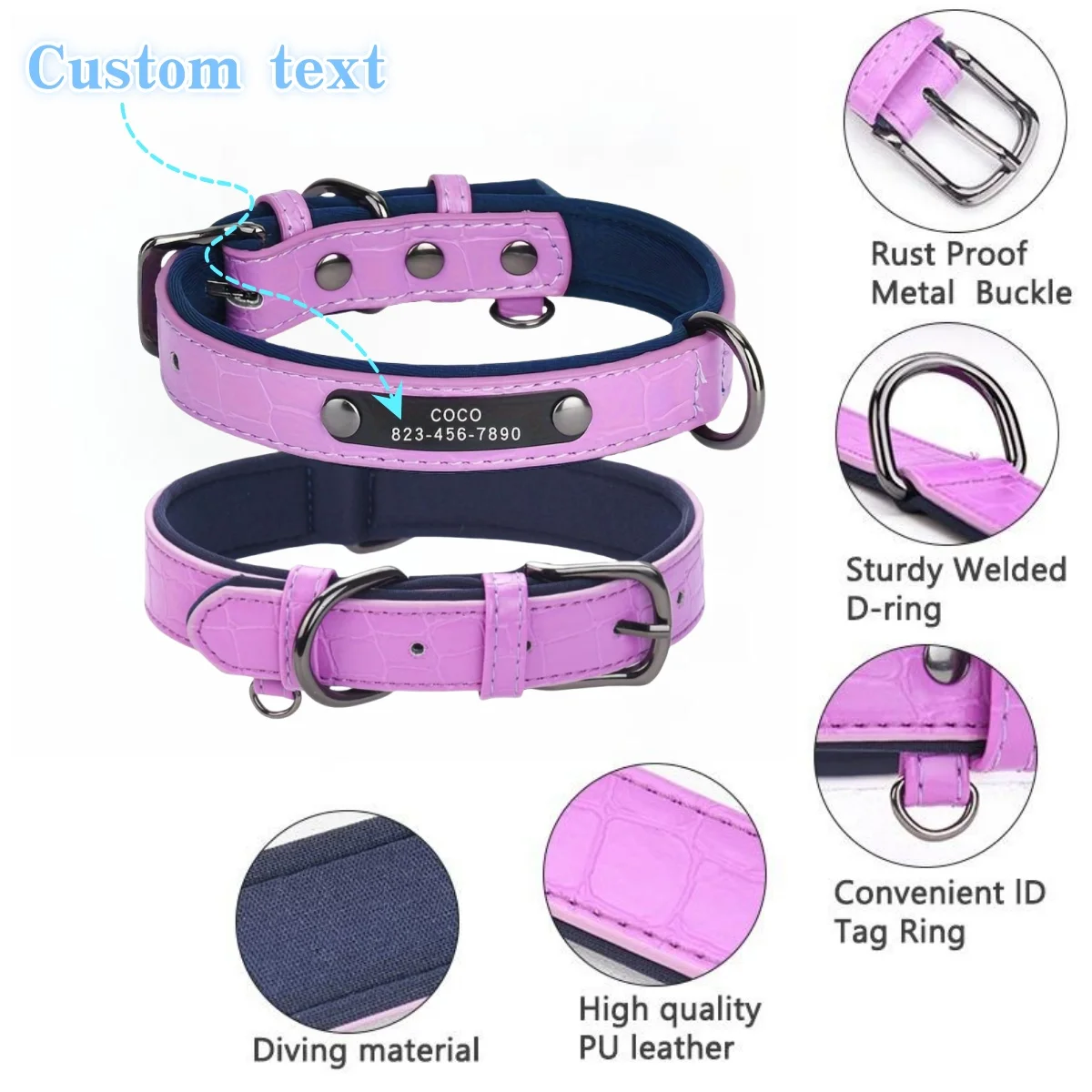 ID Tag Dog Collar Bone Printed Soft Padded Personalized Nameplate ID Leather Dog Collars for Small Medium Large