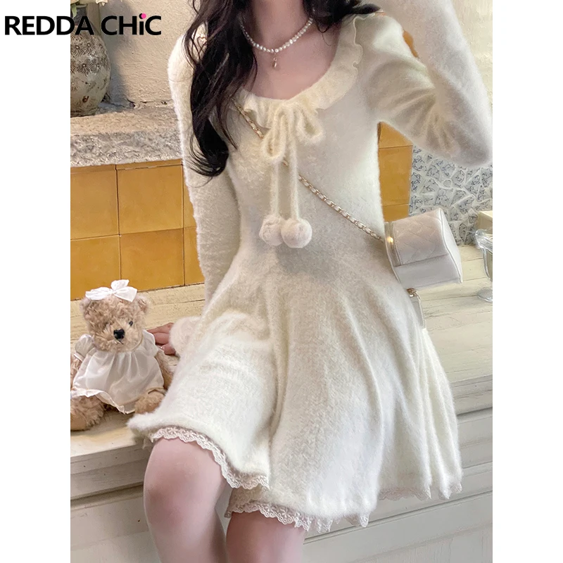 

ReddaChic Ruffled Neck Strappy Pom Pom Mini Dress Women Kawaii White Casual Lace Trim Long Sleeves Plush Knit Desire One-piece