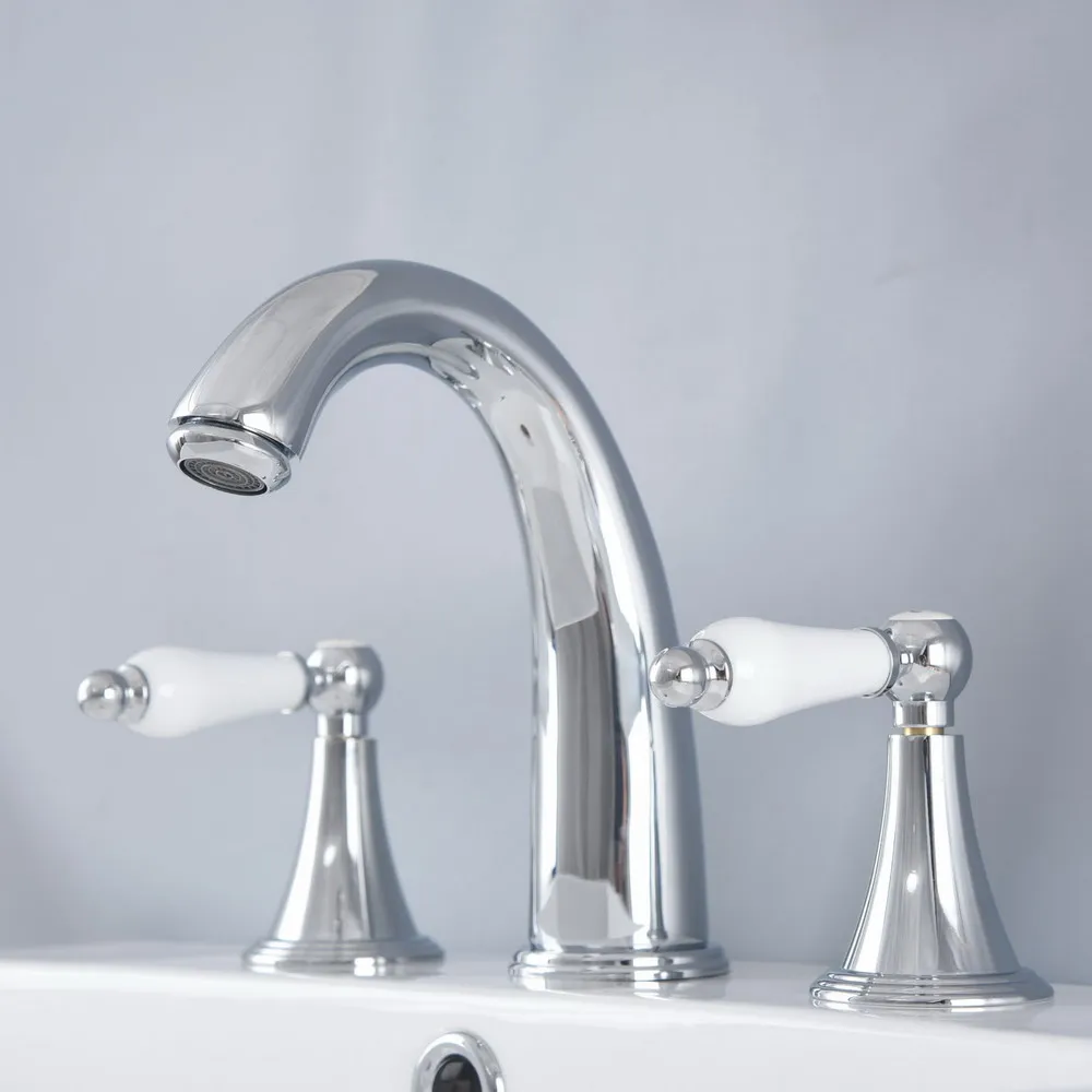 

Polished Chrome Bathroom Sink Faucet Widespread 3pcs Ceramics Handles Basin 3 Holes Mixer Tap Nnf980