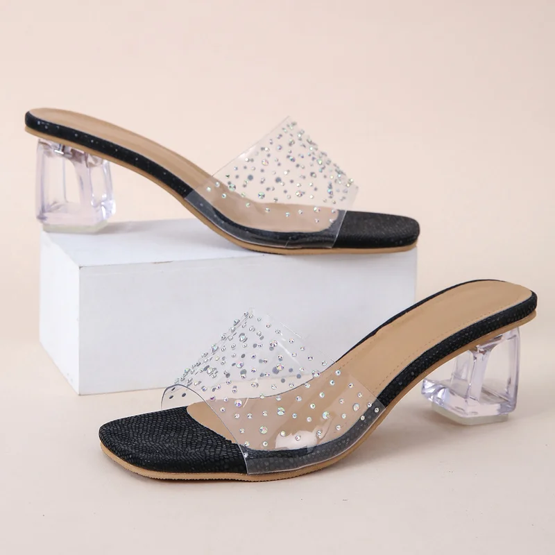Fashion PVC Transparent Rhinestone Slippers Women Sexy High Heels Square Toe Ladies Shoes Shallow Sandals Slippers Women