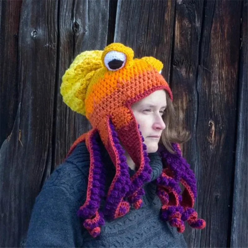 New Year's New Octopus Hat Autumn And Winter Creative Hand Knitted Crochet Wool Octopus Funny Squid HAT Party Dress Up