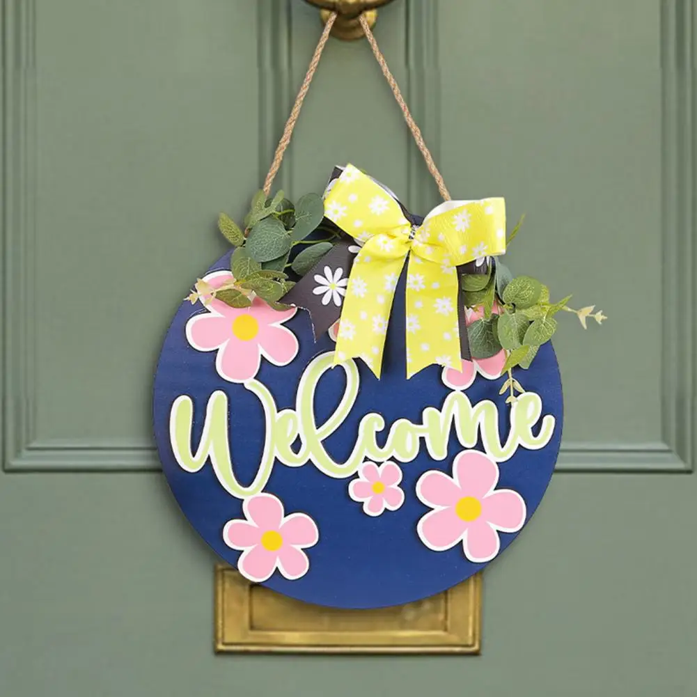 

Easy to Hang Wooden Sign Spring Festival Welcome Door Sign with Bowknot Flower Bike Print Indoor Outdoor Wood Wall for Front