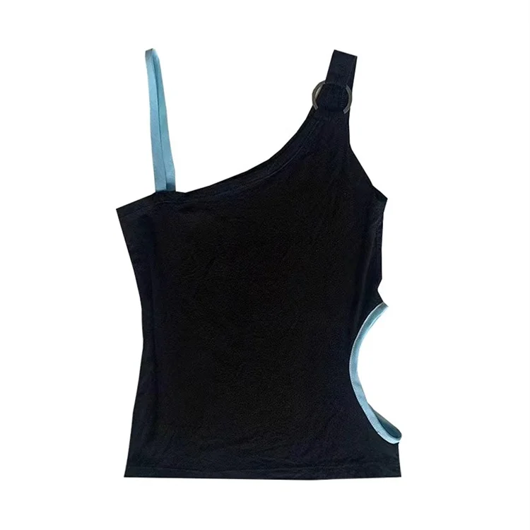 

Girls Camis American Retro Y2k Hollow Out Black Summer Tees for Women New Vintage Asymmetrical Sleeveless Short Tanks Top