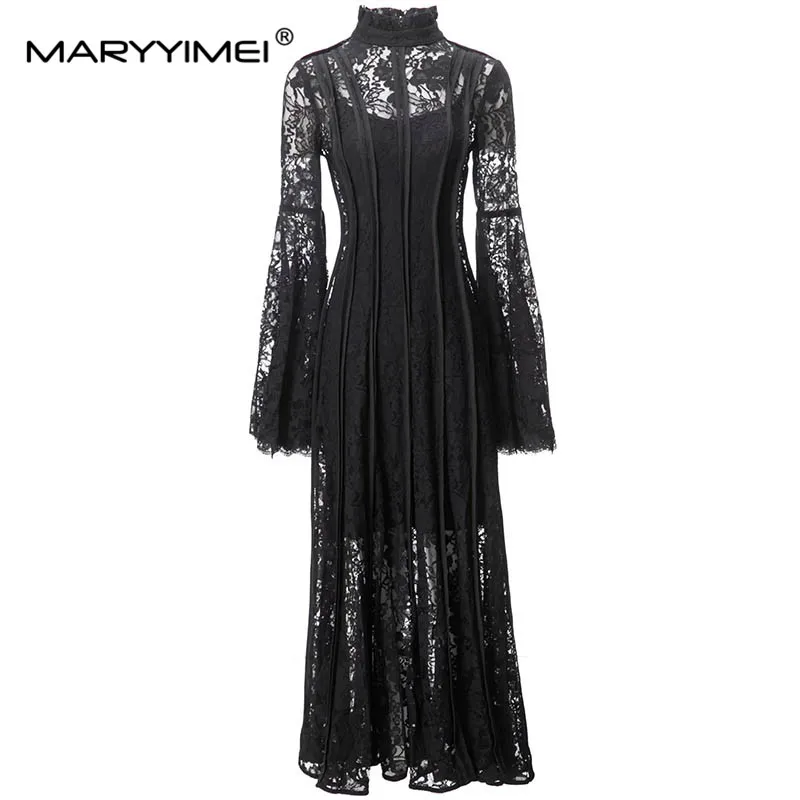 

Весенне-осеннее модное женское платье MARYYIMEI, кружевные платья в полоску с гофрированным воротником и расклешенными рукавами