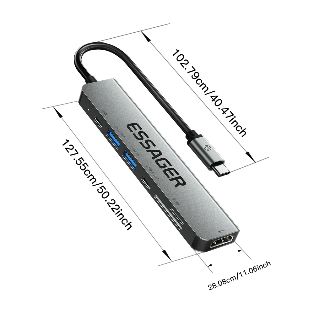 Essager em Usb tipo c Hub Pd60w Rápido Carregamento Splitter Laptop Hdmi Divisor de Alta Velocidade 5gbps para pc Usb 3.2 Gen1 2.0 Portas - Imagem 5