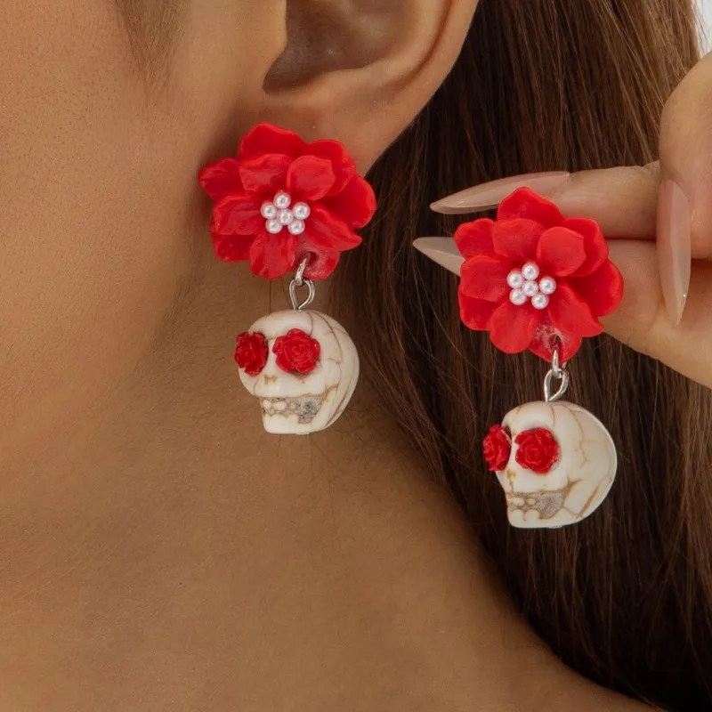 Halloween Punk Gothic Y2K Black Skull Camellia Girls Fun Cosplay Piercing Earrings Holiday Party Gifts Jewelry Accessories