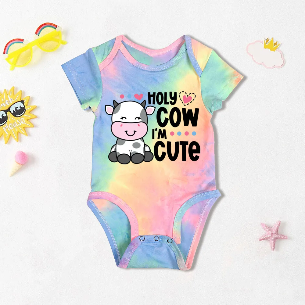 

Cow Cartoon Pattern Printed Infant Tie Dye Romper Short Sleeve Jumpsuit Round Neck Casual Bodysuit Best Birthday Gift To Newborn