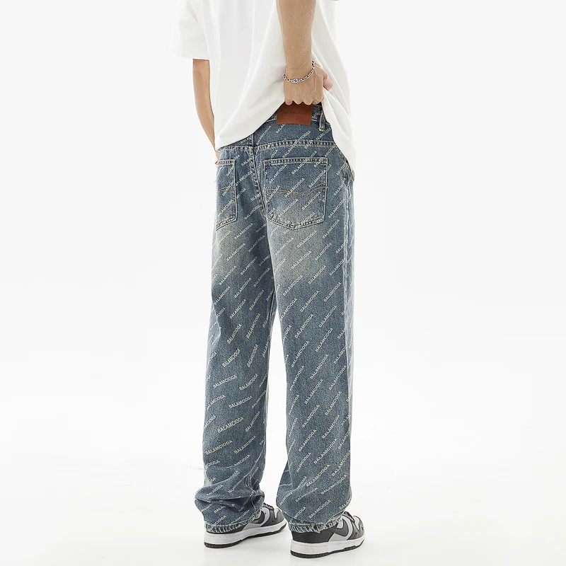 Hip Hop Fashion Printed Jeans Men's Spring and Summer 2024 New Loose Straight Fashion Personality Youth Korean Style Trousers