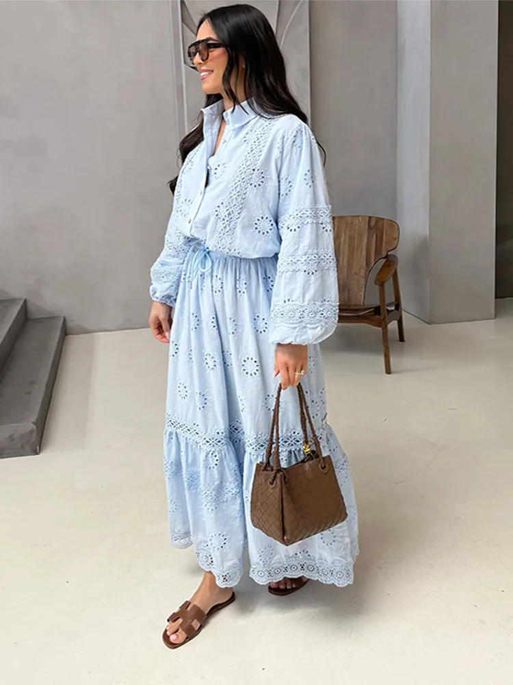 Elegant Shirt Maxi Skirt Suits Set Loose Woman's Hollow Long